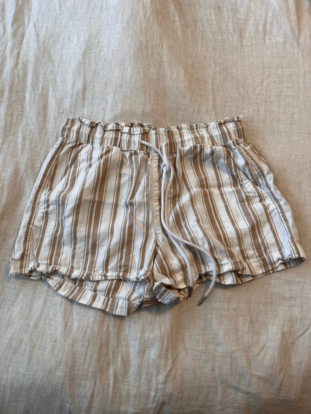 LOFT Cream and Tan Striped Drawstring Athletic Shorts